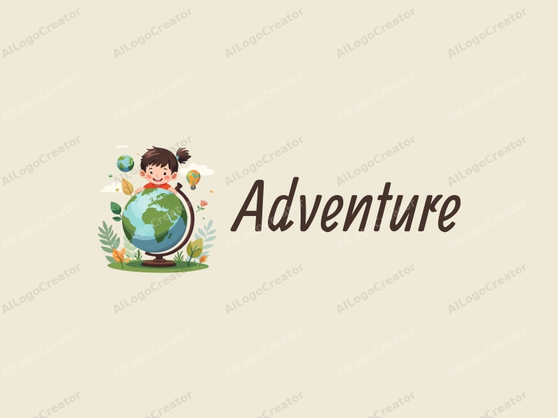 playful design features a little girl exploring a globe, surrounded by elements of adventure and exploration, with a vibrant green color palette and a clean, simple background.