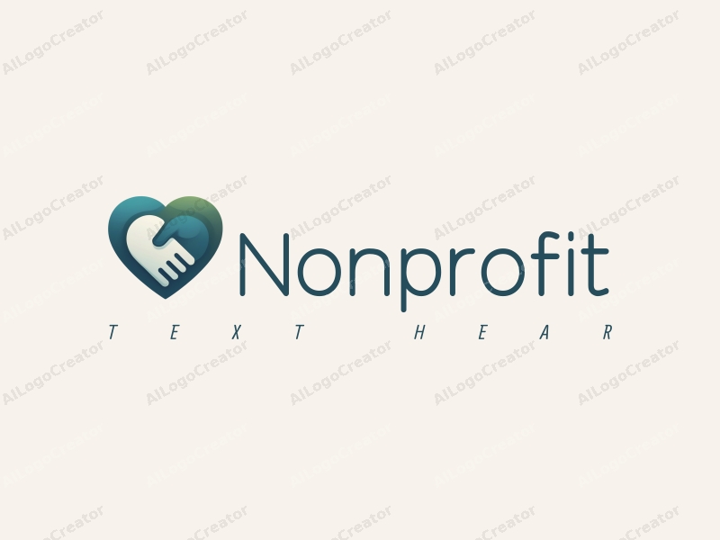 modern design features a stylized handshake and heart shape, representing charity and volunteerism, combined with a clean background in blue and green tones.