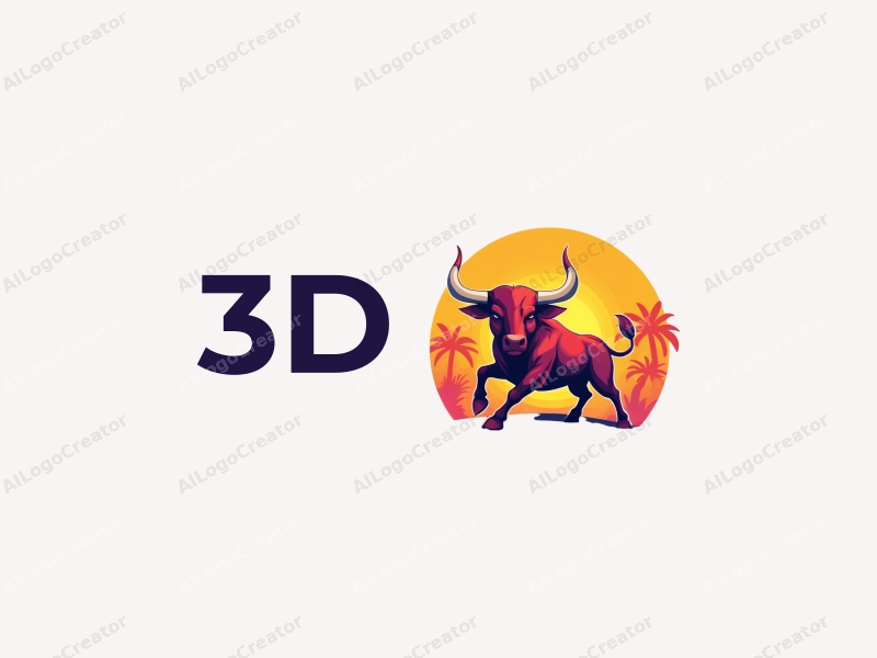 a modern design featuring a colorful 3D bull in a dynamic pose, set against a vibrant island backdrop, utilizing a clean and harmonious composition.