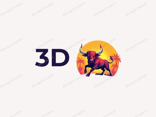 一個現代設計，以動態姿勢展現色彩繽紛的3D公牛，背景為充滿活力的島嶼，利用乾淨和諧的構圖。