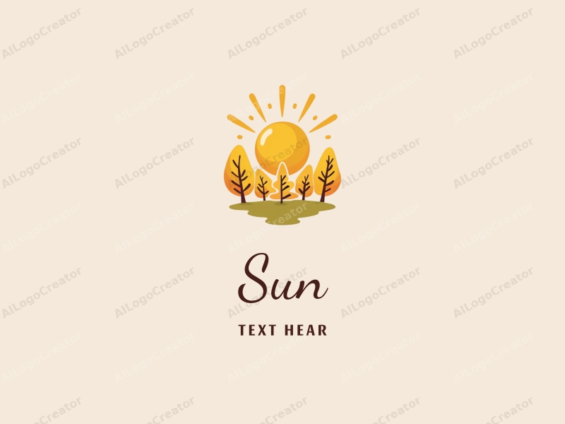 playful design features a stylized sun with rays of light, cheerful trees, and a vibrant yellow color scheme combined with a clean background.