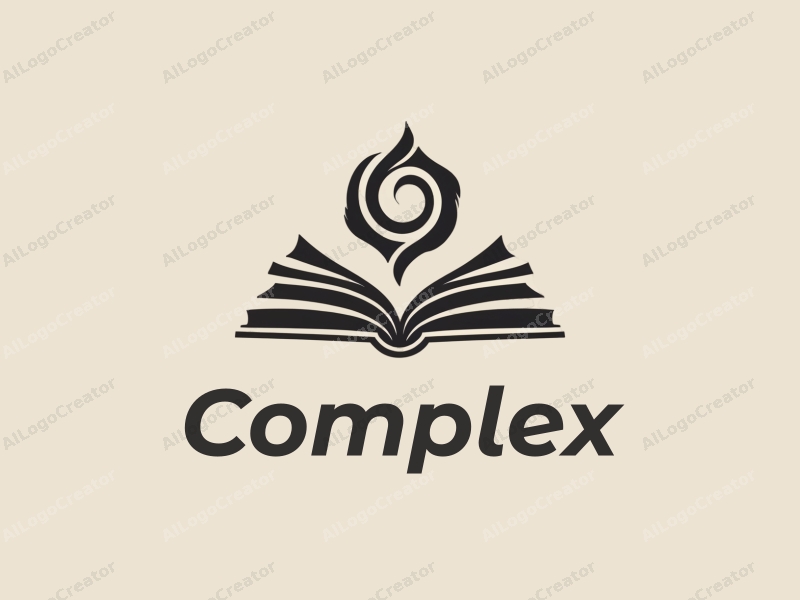 modern design features a stylized spiral intertwined with an open book, utilizing a clean and minimalistic approach combined with a simple background.