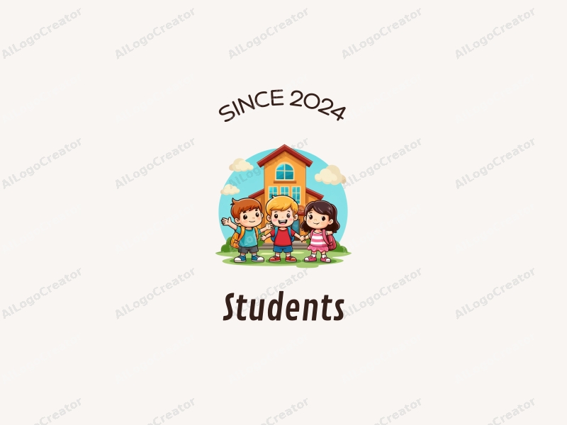 playful design features cheerful students, a stylized school building, books, and backpacks, combined with a vibrant and colorful background.