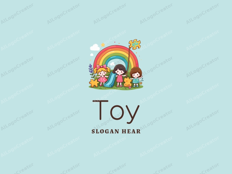 playful design features whimsical dolls, colorful puzzles, a stylized slide, and a vibrant rainbow, combined with a clean background.