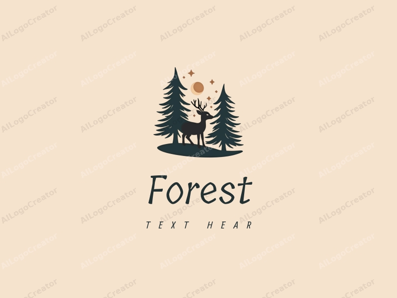 vintage design features a serene forest scene with stylized pine trees and a small fawn, combined with a clean background.