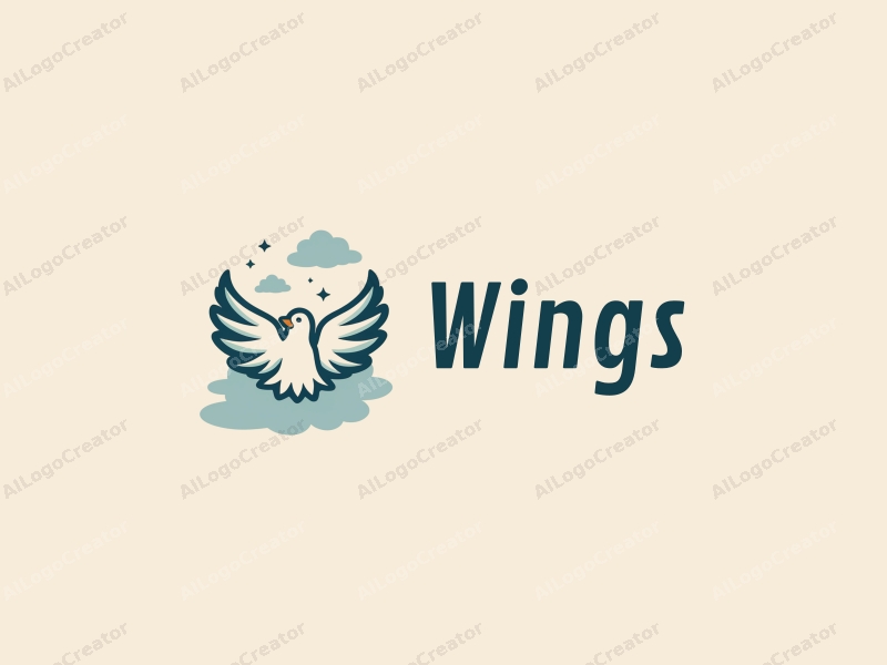 playful design features stylized wings and a bird in flight, surrounded by fluffy clouds, combined with a clean background.