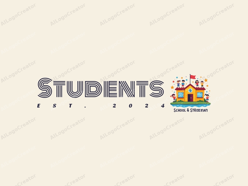 playful design features vibrant colors, stylized representations of students and a school, combined with whimsical stars and children, set against a clean background.