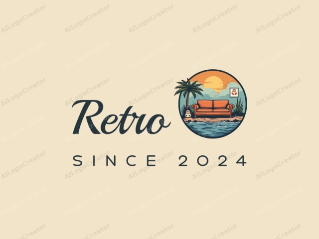 vintage design features a retro sofa and a retro poster, combined with a recycling symbol and ocean elements, set against a clean background.