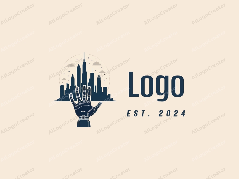 a modern design featuring a robotic hand reaching towards a futuristic city skyline, utilizing a clean and simple composition with a focus on harmony and abstraction.