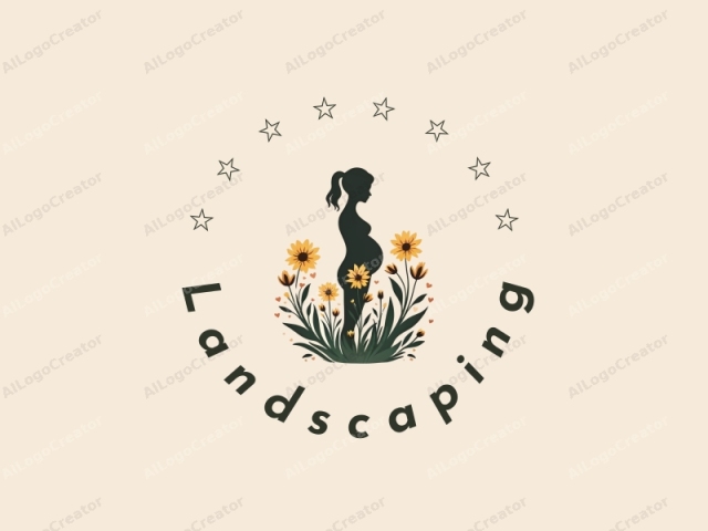 diseño moderno que presenta un césped y jardín estilizados, una silueta de una mujer embarazada entrelazada con flores, combinado con un fondo limpio.