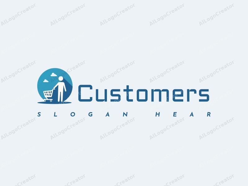 a modern design featuring a stylized silhouette of a customer and a shopping cart, combined with a clean blue background, emphasizing simplicity and harmony.