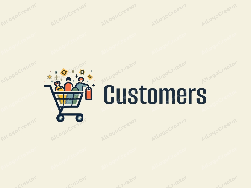 modern design features a stylized shopping cart and tag, with abstract representations of customers and shoppers, combined with a clean background.