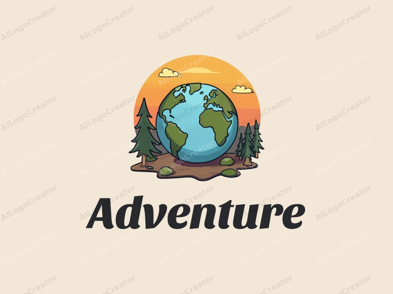 playful design features a stylized globe and sun, combined with elements of adventure and exploration, set against a clean background.