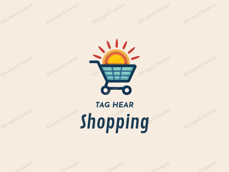 a modern design featuring a colorful shopping cart and a stylized sun above a mall, combined with a clean background and a harmonious layout.