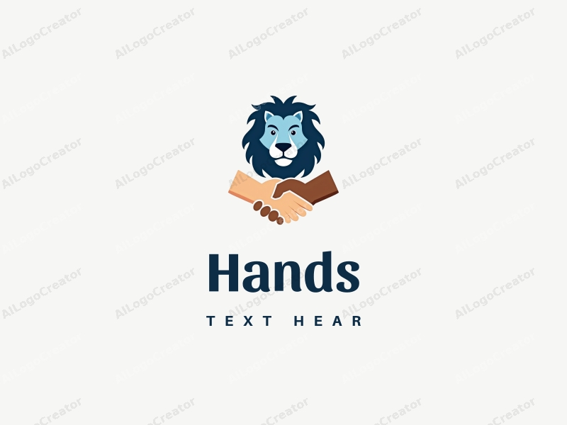 a modern design featuring a blue lion and a hand engaging in a handshake, with skin tone accents, set against a clean background.