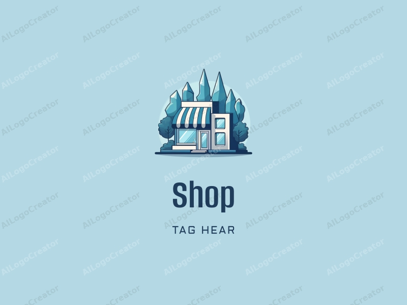 a modern design featuring a stylized shop and store silhouette, combined with crystal elements and a hotel theme, using a clean blue color palette and a harmonious composition.