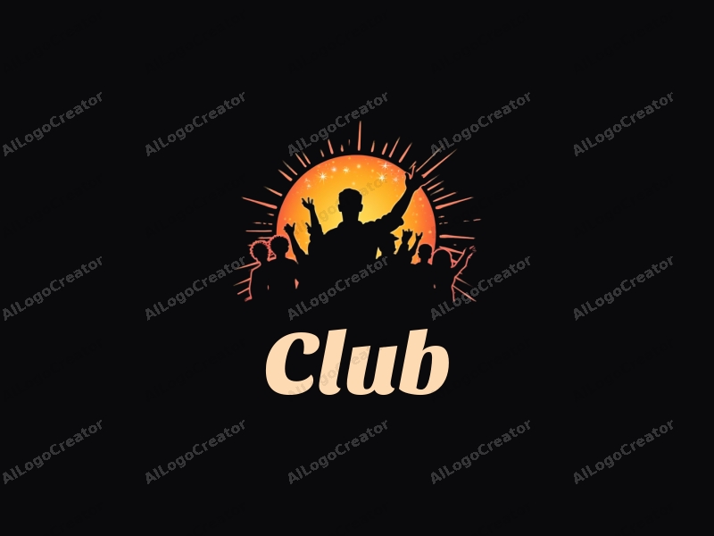 a modern design featuring a stylized club silhouette, social elements intertwined with rays of light, creating a vibrant party atmosphere against a clean black background.