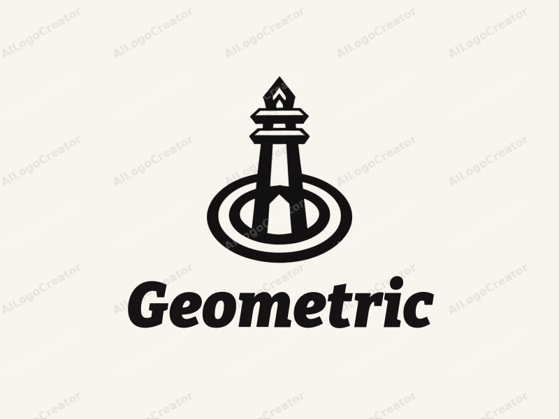 geometric design features a combination of squares and circles, a stylized tower integrated with circular rings, all presented in a black and white color scheme with a clean background.