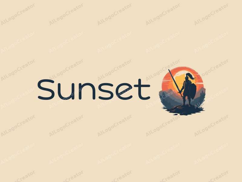 vintage design features a majestic sunset over a scenic landscape, with a knight holding a long sword, combining retro elements with a harmonious and clean background.