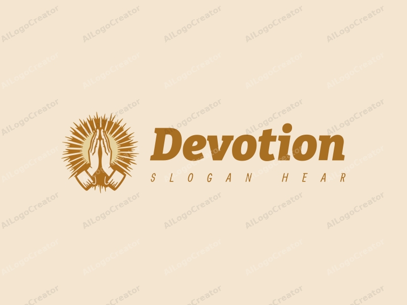 vintage design features a stylized halo above a pair of hands in a prayer position, combined with a gold color palette and a clean background.