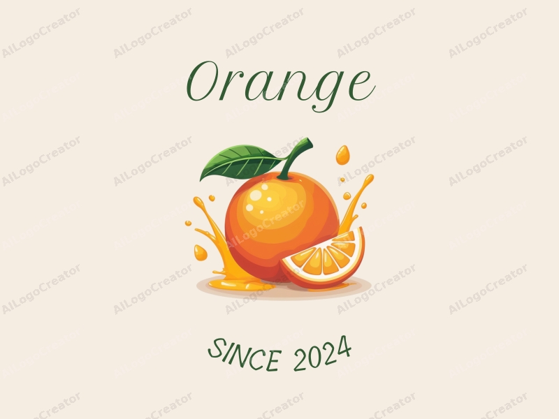 playful design features a stylized orange, splashing juice, and water droplets, combined with a clean background.