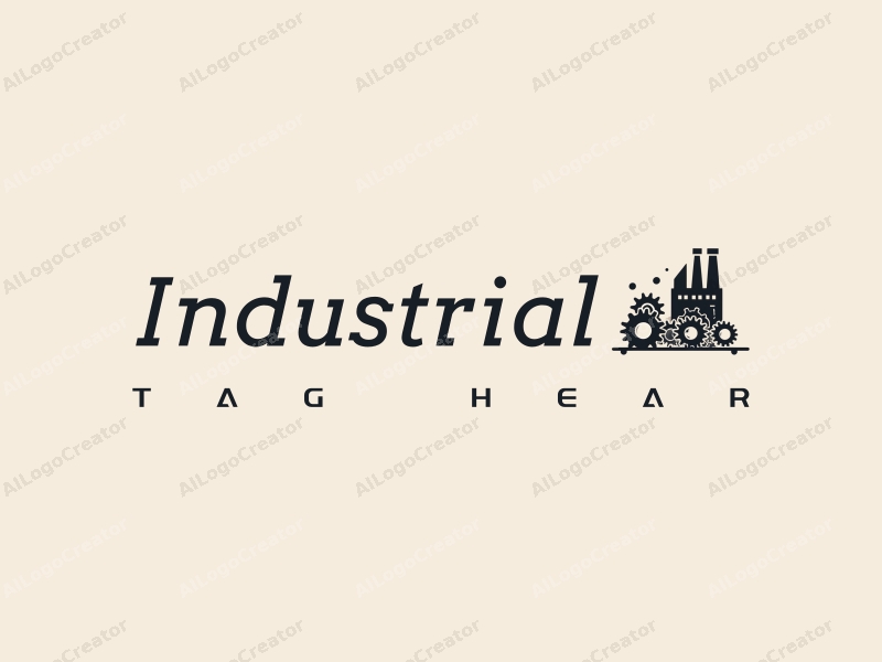 modern design features a stylized factory silhouette, interlocking gears, and a conveyor belt, combined with a clean background.