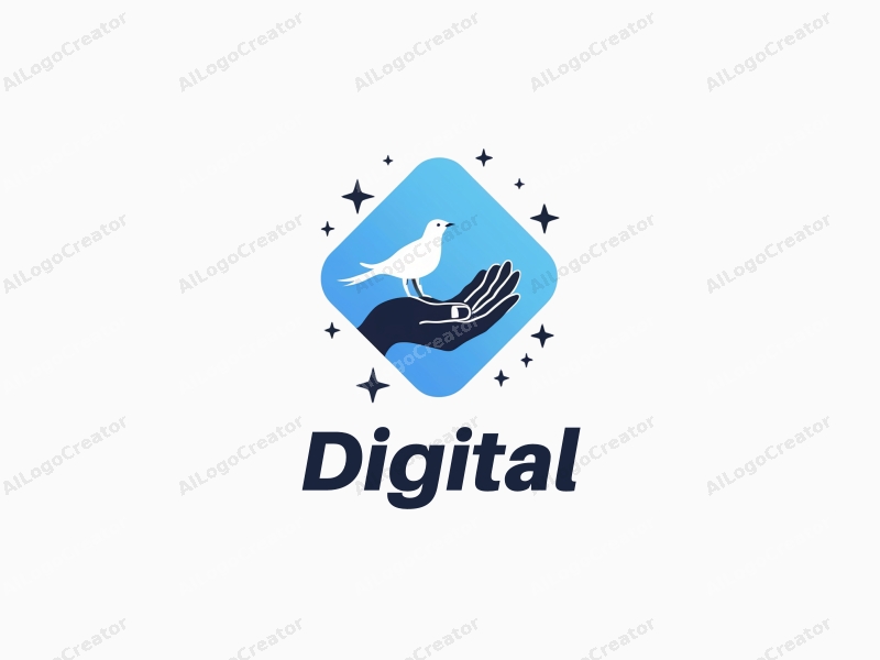 a modern minimalist design featuring digital elements, a stylized bird, and a hand, combined with a clean background in blue and black colors.