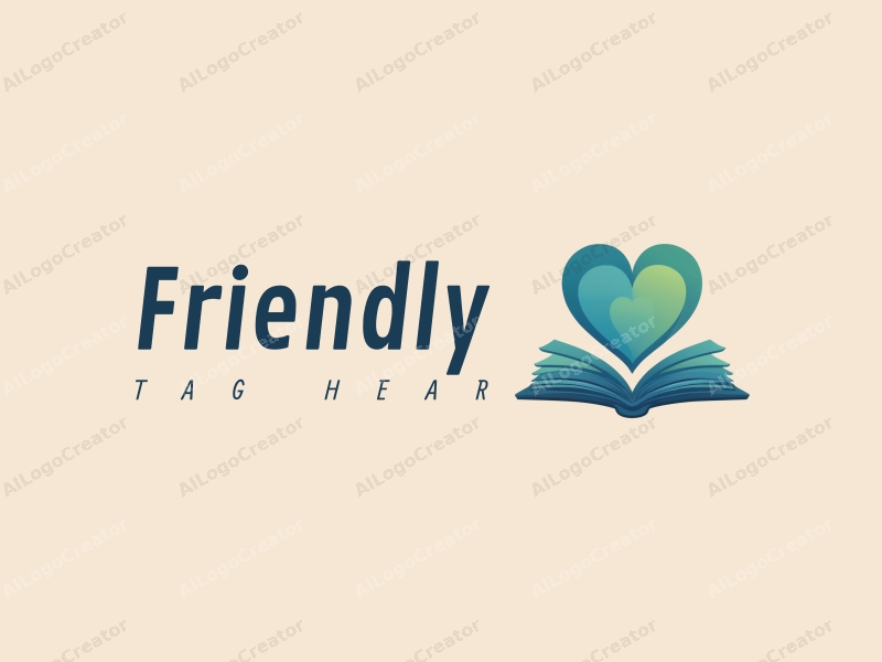 playful design features a heart shape intertwined with an open book, using blue and green colors, creating a friendly and inviting atmosphere with a clean background.