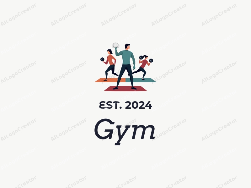 modern design features stylized dumbbells and yoga mats, combined with active individuals in a clean background, emphasizing fitness and movement.