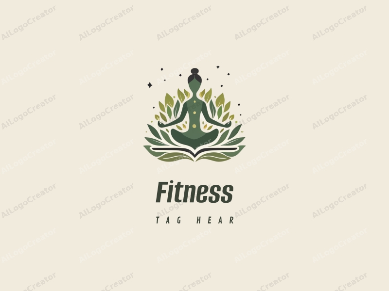 modern design features fitness symbols, a stylized yoga pose, and natural elements combined with a clean background.