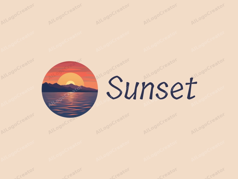 vintage design features a stylized sunset over the ocean with mountains in the background, incorporating warm orange and purple hues, combined with a clean and harmonious layout.