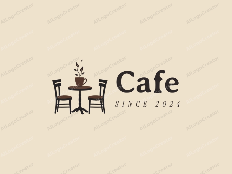 vintage design features a stylized coffee cup, retro table, and chairs, combined with a clean background.