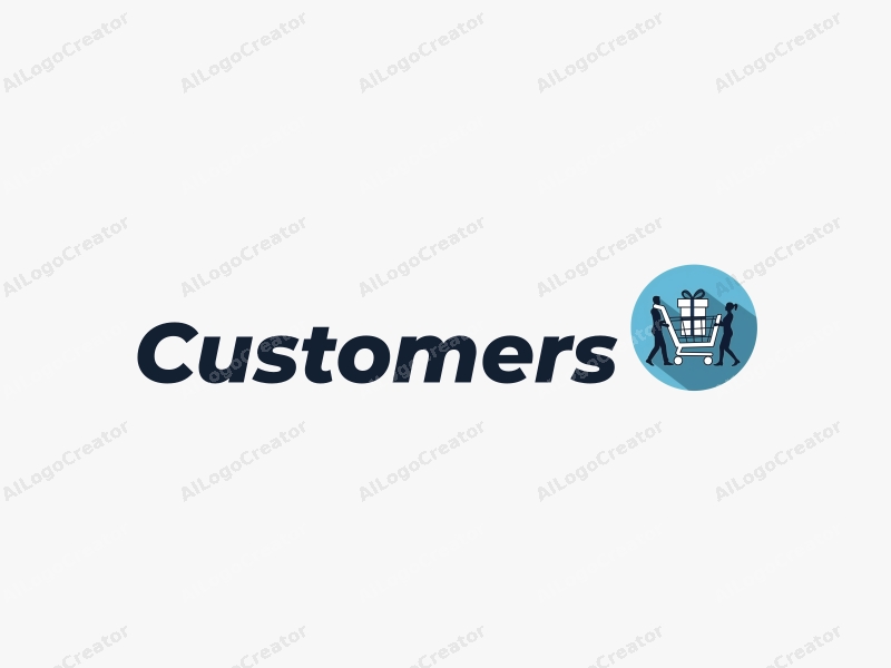 a modern design featuring a stylized shopping cart and gift box, combined with silhouettes of customers and shoppers, all set against a clean blue background.