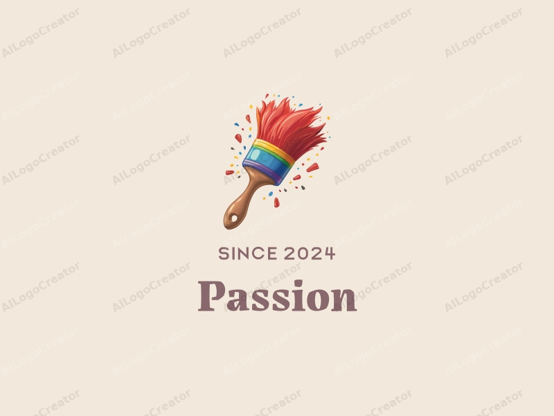 playful design features a vibrant red paintbrush intertwined with a colorful rainbow, creating a sense of passion and enthusiasm, combined with a clean and simple background.