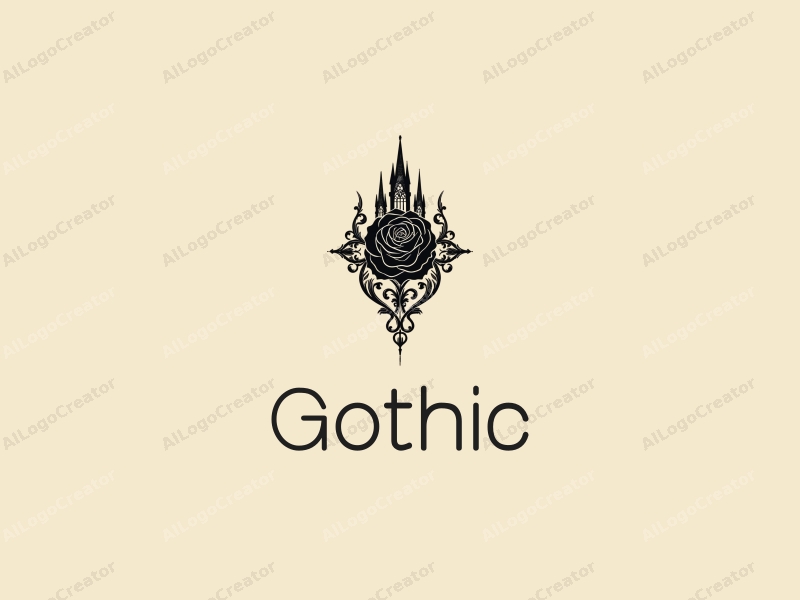 Gothic design features intricate Gothic architecture, stylized Gothic fashion elements, a black rose intertwined with spires, combined with a clean background.