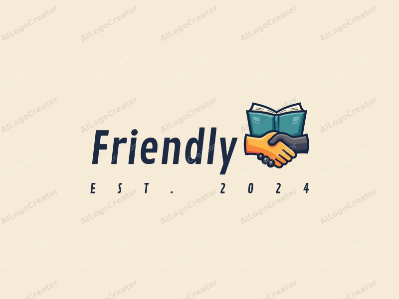 playful design features a stylized book and a handshake, combined with a clean background, emphasizing friendship and community in an educational and social context.