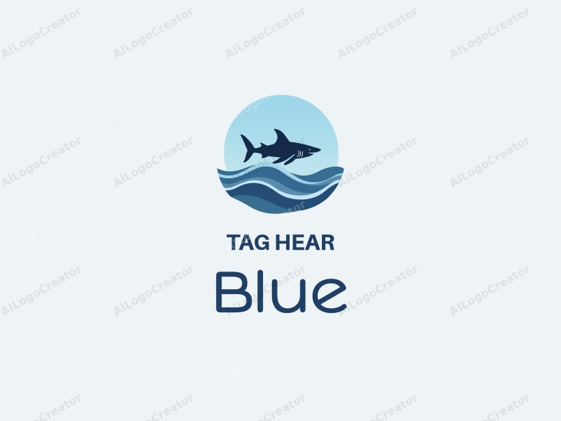 minimalist design features a stylized shark silhouette swimming through abstract waves, set against a clean blue background representing the ocean and sky.