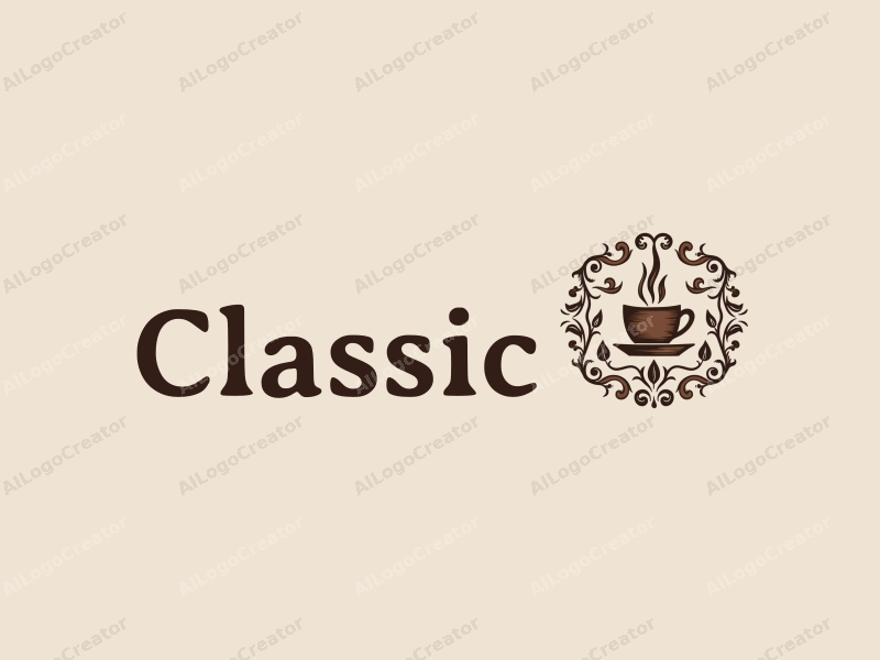 vintage design features stylized coffee beans and elegant scrolls, combined with a clean background and a harmonious composition.