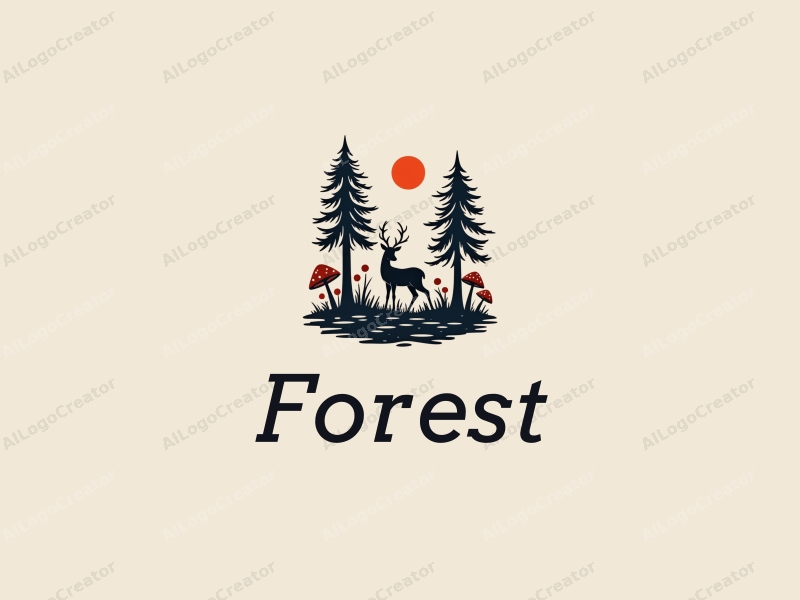 vintage design features a serene forest scene with stylized trees, a graceful deer, and whimsical mushrooms, combined with a clean background.