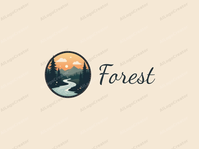 vintage design features stylized trees and mountains, a flowing stream, combined with a harmonious and clean background.