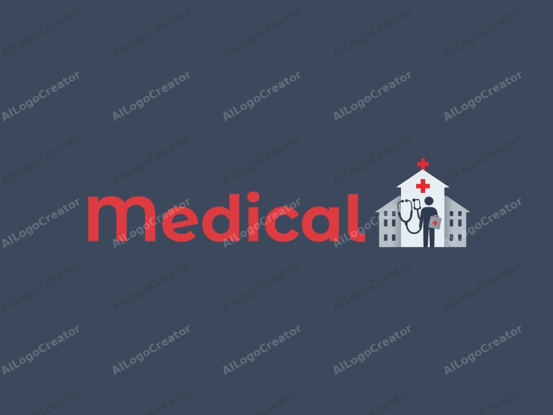 modern design features a stylized hospital silhouette, a doctor figure, a stethoscope, and a clipboard, combined with a clean background.