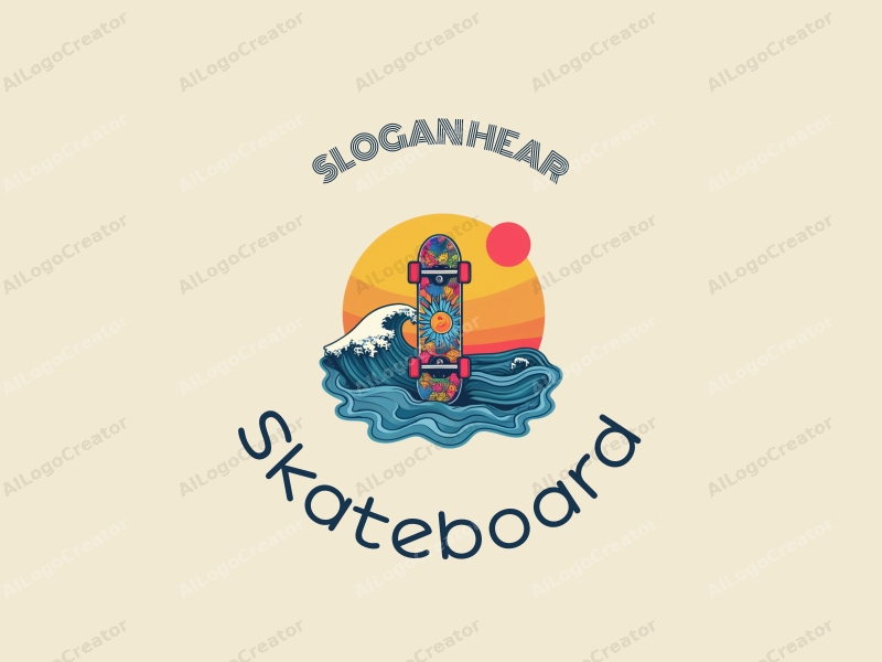 playful design features a vibrant skateboard, stylized waves, and a bright sun, combined with a clean background.