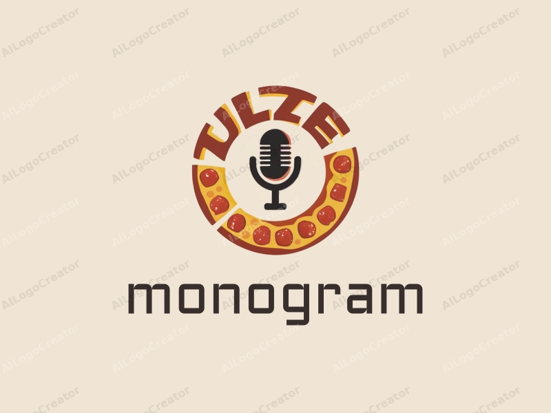 a modern design featuring stylized letters, a pizza slice, and a microphone, combined with a clean background and a minimalist approach.