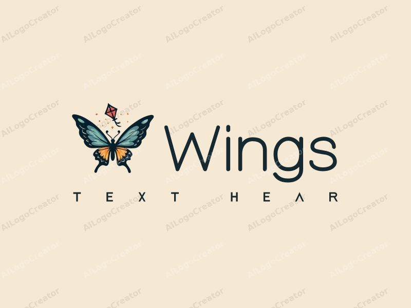 playful design features stylized wings and a butterfly soaring alongside a kite, combined with a clean background.