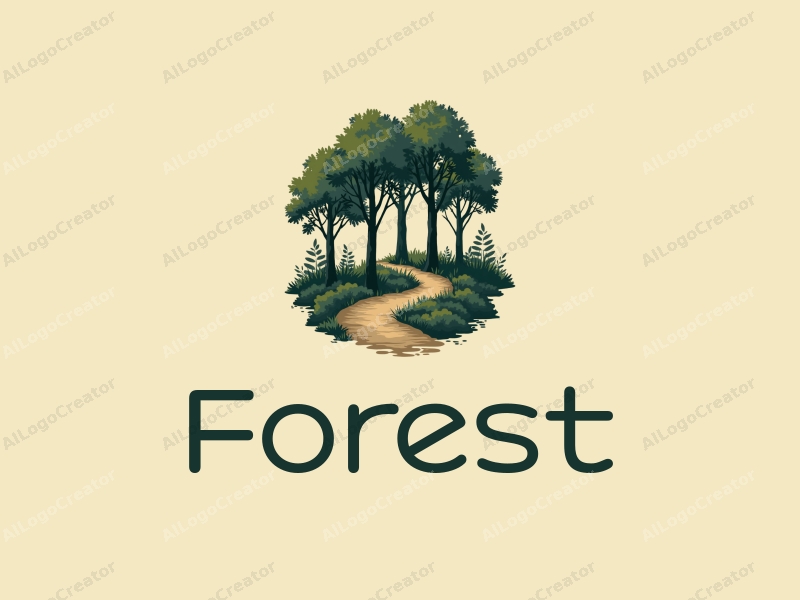 vintage design features a serene forest scene with tall trees, a lush tree canopy, and a winding pathway, combined with a clean background.