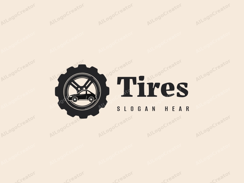 modern design features a stylized tire and car silhouette, combined with a clean background and a focus on simplicity and abstraction.