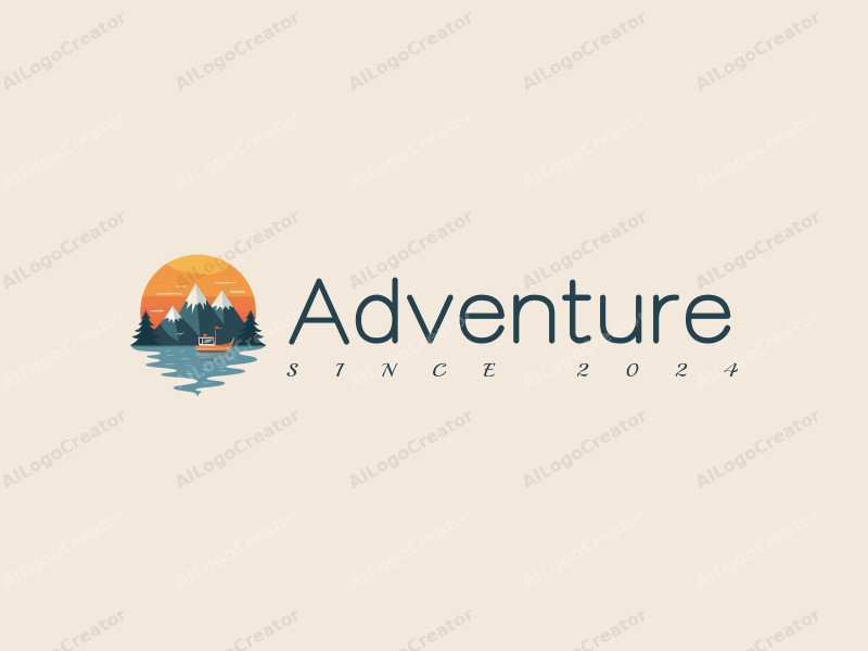 playful design features stylized mountains and boats, incorporating adventure elements with a clean background.