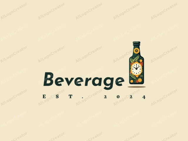 un diseño moderno que presenta una botella y un reloj estilizados, incorporando colores vibrantes y elementos de bebidas, combinados con un fondo limpio.