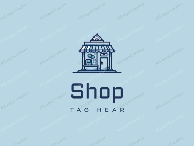 a modern design featuring a stylized shopfront with a robot and gears integrated into the structure, using a clean and simple layout with a blue color palette.