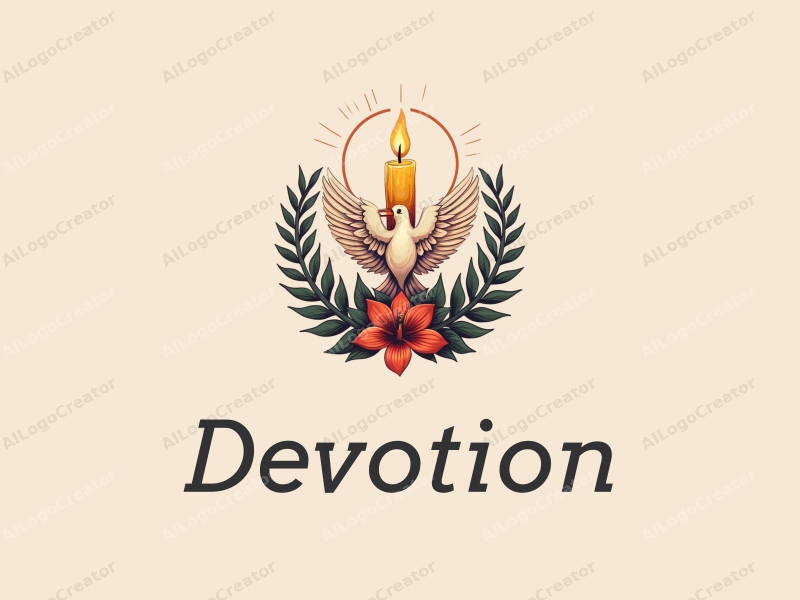 vintage design features a golden candle and a dove symbolizing peace, intertwined with elements of faith and prayer, combined with a clean background.